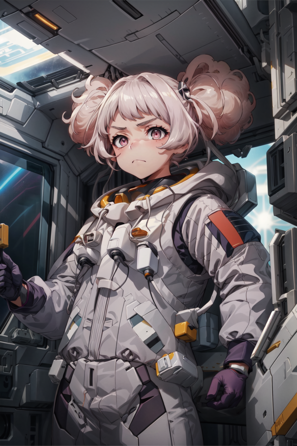 masterpiece,best quality,1girl,(chuatury panlunch),puffy hair,pilot suit,grey gloves,light frown,spacecraft interior,<lora...